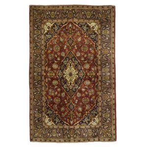 Persian Kashan Rug with red and blue colour . very fine wool central Persian with floral medallion